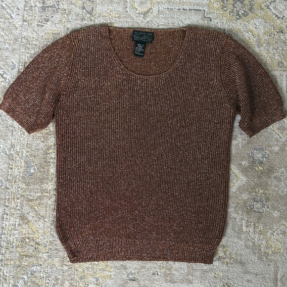Suzelle Vintage Metallic Bronze Knit Short Sleeve Top - Picture 6 of 9